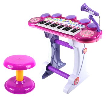 Princess Girl Voice Synthesizer Childrens Musical Instrument Toy Keyboard Play Set 37 Key Piano w Microphone Stool Records and Playbacks Music Purple