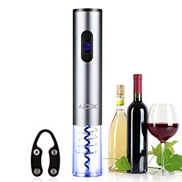 Aicok Cordless Battery Powered Electric Wine Opener, Electric Corkscrew with Foil Cutter, Metallic Finish, Silver