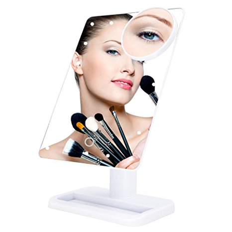 Bukm Tabletop LED Lighted Vanity Makeup Mirrors Touch Screen 180 Degree Swivel Movable Cosmetic Vanity 10x Magnifying Spot Mirror Bathroom Mirror (White)