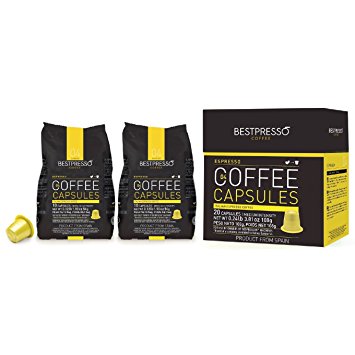 20 Bestpresso Nespresso Compatible Gourmet Coffee Capsules - Nespresso Pods Alternative: Espresso Blend Natural Espresso Flavor (Medium Intensity) - Certified Genuine Espresso