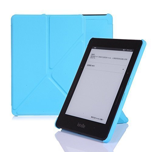 Amazon Kindle Voyage Case Cover, Leather Origami Stand, Book Folio Style, Secured with Magnetic Closure, Front Lid Attaches to the Back By Magnets, Rubberized Hard Back Shell Cover, with Smart Auto Sleep / Wake up Function, Ultra Slim and Light Weight, Thin, Light Sky Blue, Designed and Manufactured By Nouske Only