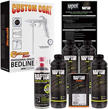 U-POL Raptor 4 Quart Kit - Black Urethane Spray-On Truck Bed Liner Kit Custom Coat Spray Gun with Regulator - Bonus Aerosol Bedliner Can