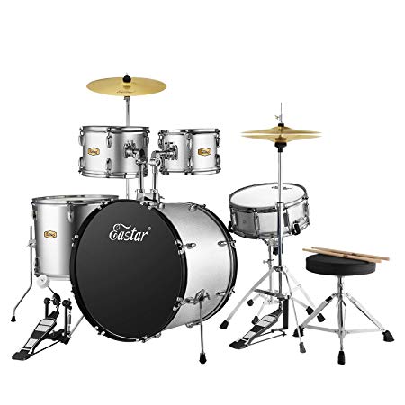 Eastar 22 inch Drum Set Kit Full Size for Adult Junior Teen 5 Piece with Cymbals Stands Stool and Sticks, Metallic Silver