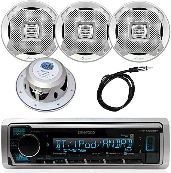 Kenwood InDash Marine Boat Bluetooth Digital USB AUX AM/FM Radio Stereo Player with 4X Lanzar 400 Watt 6.5" Silver Audio Speakers and Enrock 45" Radio Antenna -Complete Marine Audio Package