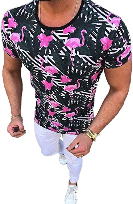 Pukemark Men's Summer Casual Slim Fit Short Sleeve Floral Graphic Hawaiian T-Shirts Tops