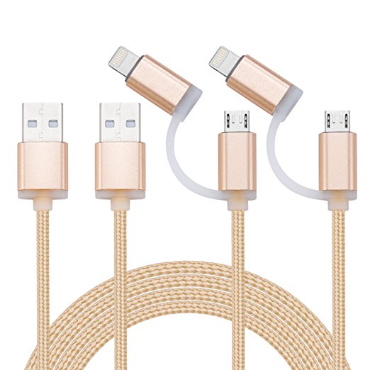 GOPROOF [2pack] 2IN1 6FT Lightning to USB Cable With Micro USB Connector Nylon Braided Cable Compatible with iPhone/iPad Devices,Samsung,HTC,and More(gold)