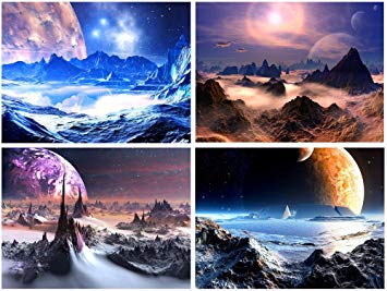 Pyradecor Purple Canvas Prints Wall Art Fantastic Outer Space Universal Pictures Paintings for Bedroom Office Home Decorations Modern Abstract 4 Pieces Stretched and Framed HD Giclee Artwork