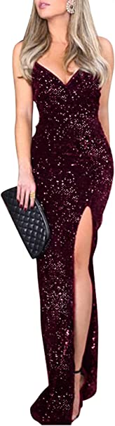 BerryGo Women's Sexy V Neck Bodycon Sequin Gown Evening Dress with Slit