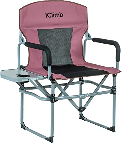 iClimb Heavy Duty Compact Camping Folding Mesh Chair with Side Table and Handle