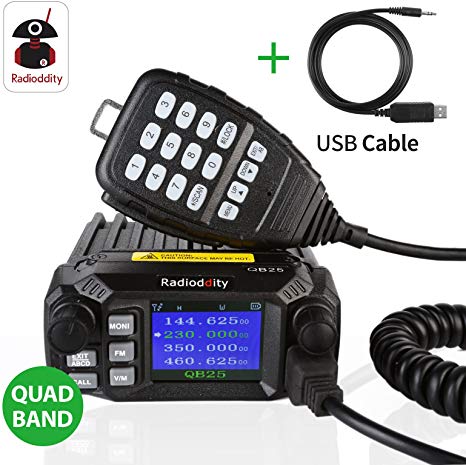 Radioddity QB25 Quad Band Quad-Standby Mini Mobile Car Truck Radio VHF UHF 25W/10W Car Transceiver with Programming Cable & CD