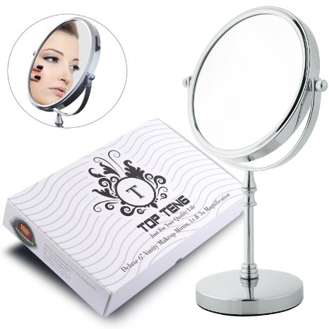 TOP TENG® Deluxe Double-Sided 1X and 3X Magnification Vanity Makeup Mirror, Shiny Polished Chrome Finish, Perfect Bathroom and Countertop Vanity Mirrors ~ Makes a Beautiful Gift (6-Inch)