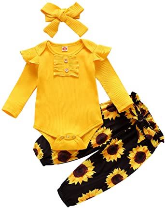 Newborn Baby Girl Clothes Long Sleeve Floral Pants Flower Outfits 12-18 Months with Headband