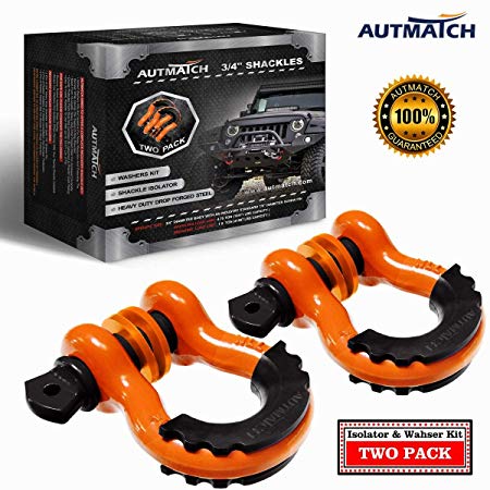 AUTMATCH Shackles 3/4" D Ring Shackle (2 Pack) 41,887Ib Break Strength with 7/8" Screw Pin and Shackle Isolator & Washers Kit for Tow Strap Winch Off Road Towing Jeep Vehicle Recovery Orange & Black