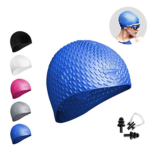 Swimming Cap for Women/Men, Silicone swim hat for Long Hair, Thick or Short - Average/Large Heads,Anti-Tear,Anti-shedding with Ergonomic swim cap for Adults, Older Kids,FREE Nose Clip Earplug