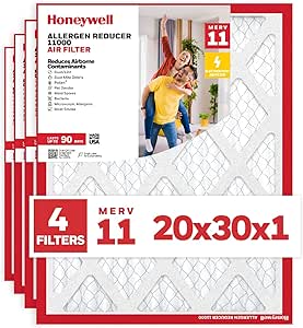 Honeywell 20x30x1 MERV 11 Allergen Reducer 11000 Electrostatic Pleated HVAC AC Furnace Air Filter (4-Pack) | Replacement Filter for Home Use | Made in USA