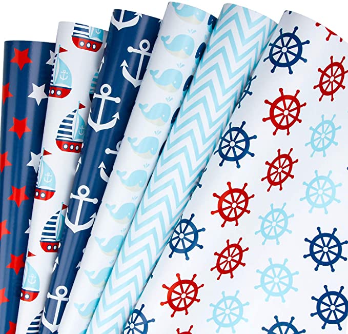 WRAPAHOLIC Wrapping Paper Sheet - Nautical Anchors Blue Design for Birthday, Holiday, Wedding, Baby Shower - 1 Roll Contains 6 Sheets - 17.5 inch X 39.3 inch Per Sheet