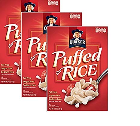 Quaker Puffed Rice Cereal, Fat-Free, Sugar-Free, 6.3 oz Boxes (Pack of 3)