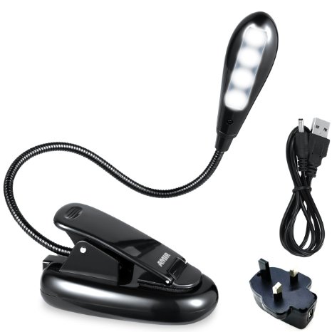 LED Book Light, Amir® (4 LEDs) music stand light lamp, Rechargeable and Flexible, Daylight White, Travel Light, Clip Light with Stand, for Reading at Night and eye-friendly, Books, Kindle, Nook, Recipes, music score, Great for readers, Kids & Children & Adults,with USB Cable & AC Charger