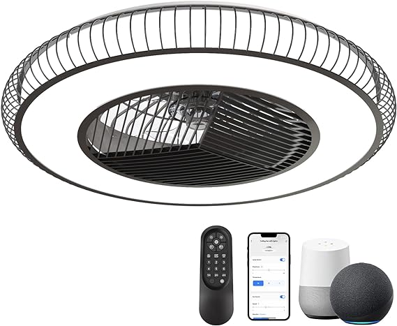JHHF Ceiling Fan with Lights Remote Control,Dimmable Fan Lighting, 22'' Enclosed Bladeless Fan, Semi Flush Mount,2.4GHz Wi-Fi Bluetooth & App Controlled Works with Alexa and Google Assistant(Black) (Renewed)