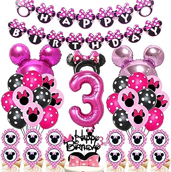 50pcs Minnie Birthday Decorations Minnie 3 year old Girl Birthday Party Supplies Minnie Balloons Cake Topper Cupcake Topper