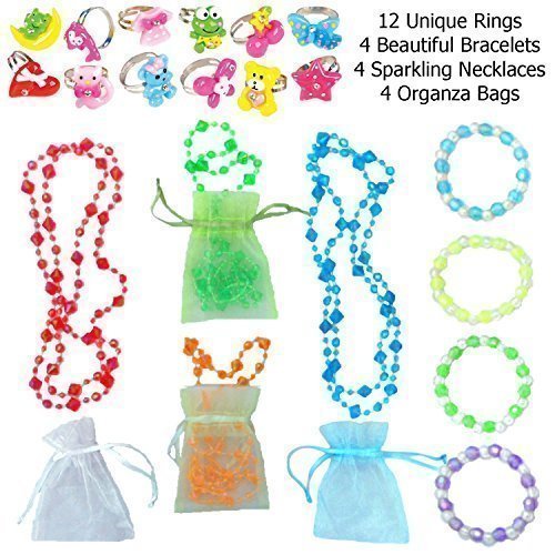 Girl's Adorable Accessory Dress up Set - 20 Pc (Jewelry = 12 Cute Rings, 4 Necklaces Each in an Organza Bag, & 4 Bracelets). Great Stocking Stuffers!