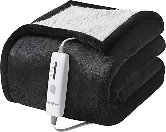 Hansleep Heated Blanket Electric Blanket Throw - Heating Blanket with 4 Heating Levels 4 Hours Auto Off, Super Cozy Machine Washable Sherpa Electric Throw Fast Heating, 50 x 60 Inches, Black