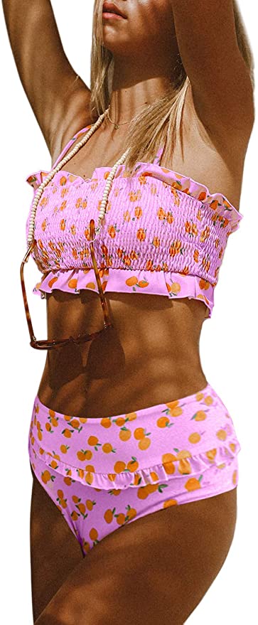 Dokotoo Women Cute High Waist Strapless Smocked Bikini Sets Swimsuit Bathing Suit