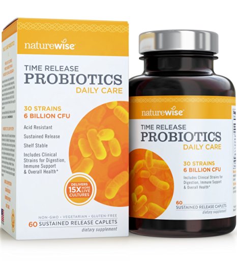 NatureWise Daily Care Time-Release Probiotics: 30 Strains, 6 Billion CFU, Comparable to 90 Billion CFU with WiseBiotics Technology, Shelf Stable, Acid Resistant, 60 Caplets