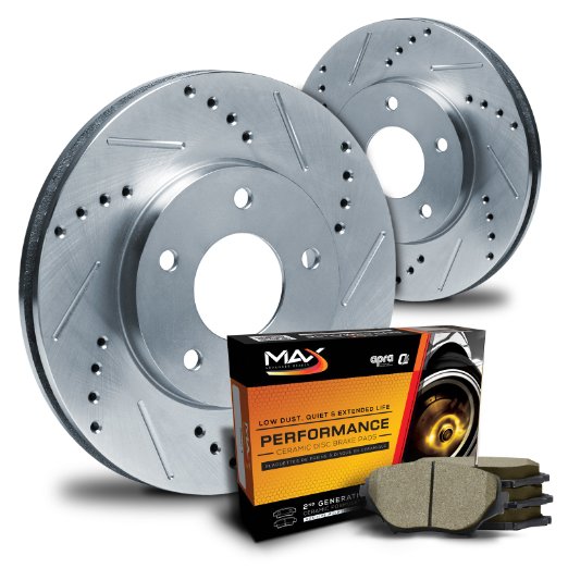 Max KT025511 Front Silver Slotted and Cross Drilled Rotors and Ceramic Pads Combo Brake Kit