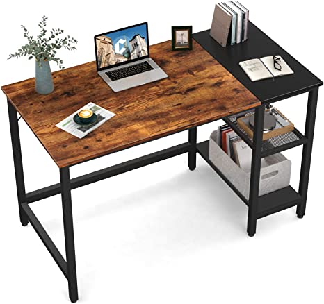 CubiCubi Computer Home Office Desk, 100 * 50cm Small Desk Study Writing Table with Storage Shelves, Modern Simple PC Desk with Splice Board, Rustic Brown and Black