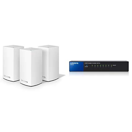 Linksys Velop AC1300 Dual-Band Whole Home WiFi Intelligent Mesh System, 3-pack/5  bedrooms with Linksys 8-Port Metallic Gigabit Switch (SE3008)
