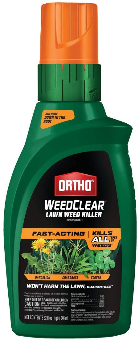 Ortho WeedClear Lawn Weed Killer Concentrate - Crabgrass Killer, Also Kills Dandelion, Clover, Foxtail & More, Weed Control for Lawns, Use on Tall Fescue, Kentucky Bluegrass & More, Fast Acting, 32 oz