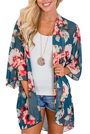 Women's Floral Kimono Cardigan Summer Loose Chiffon Beach Open Front Cover Up Tops