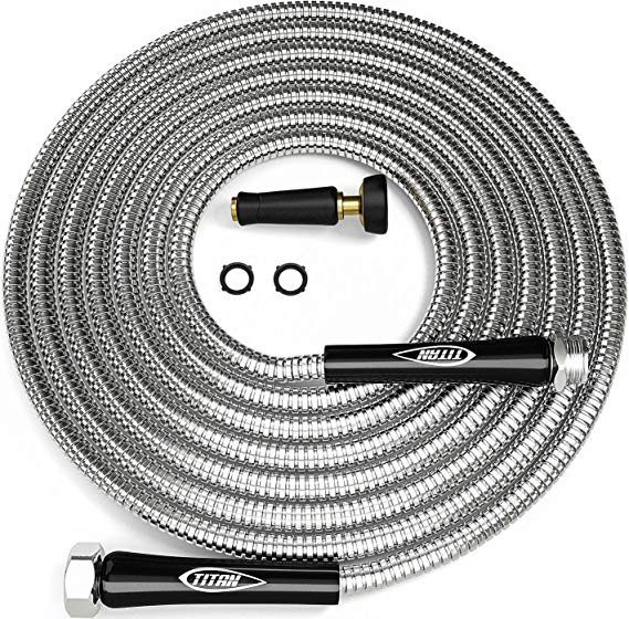 TITAN 15FT Garden Hose - Newest Metal Water Hose with Solid 3/4" Connectors, 360 Degree Brass Sprayer Nozzle - Lightweight, Kink-Free Strong and Durable Heavy Duty 304 Stainless Steel