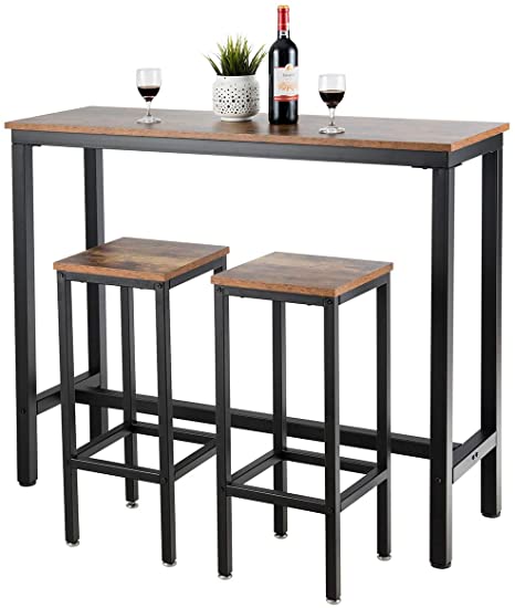 COSTWAY 3-Piece Bar Table Set, 39.5” Bar Table with 2PC 28” Bar Stools, Pub Height Dinning Table Set with Counter Height Backless Stools, Breakfast Table Set for Apartment/Bistro/Pub (Rustic Brown)