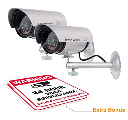 (2 Pack) Dummy Security Camera, Fake Bullet CCTV Surveillance System with Realistic Look Recording LEDs   Bonus Warning Sticker - Indoor/Outdoor Use, for Homes & Business- by Armo