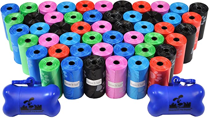 Downtown Pet Supply Dog Pet Waste Poop Bags with 2 Leash Clips and Dispensers (Bags: 520, 740, 1000, or 2200, Colors: Rainbow, Rainbow with Paw Prints, Blue, Black, Black Paw Prints, Pink, Purple)
