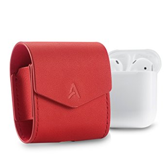 AirPods Case, AhaStyle Premium Genuine Leather Magnet closure Flip Cover for Apple Wireless Earphone AirPods - Red