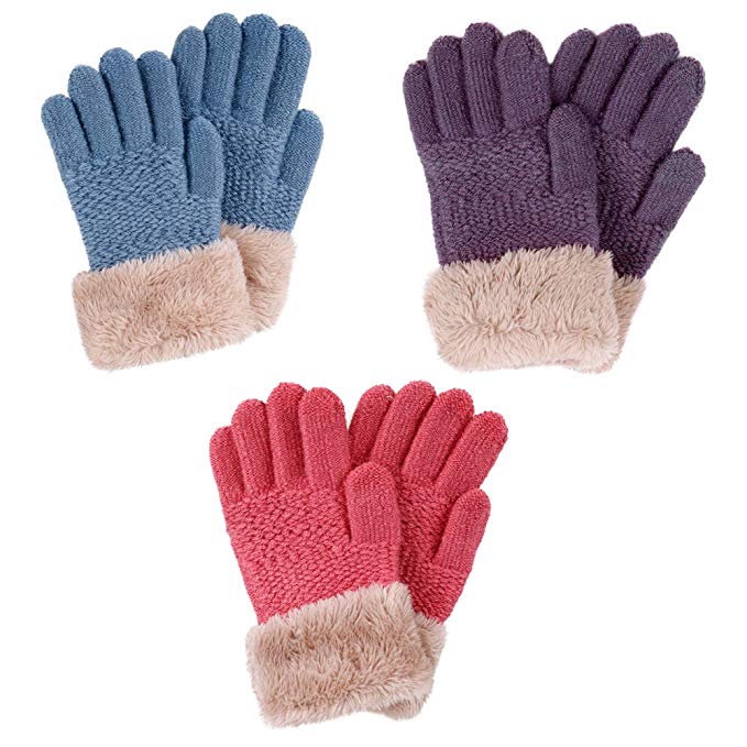 2 & 3 Pack Kids Touchscreen Winter Knit Gloves with Faux Fur Cuff