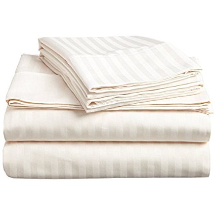 Mattress Homes 600-Thread-Count Egyptian Cotton (15" Extra Depth Pocket) 4-Pieces Sheet Set-(Ivory Striped,Queen)