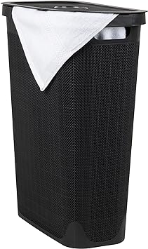 Mind Reader 40L Slim Laundry Hamper, Clothes Basket, Lid, Linen Design, Plastic, 18.5”L x 10.75”W x 23.5”H, Black