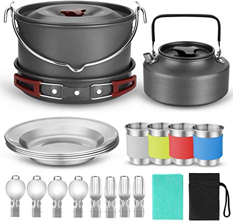 Odoland 22pcs Camping Cookware Mess Kit, Large Size Hanging Pot Pan Kettle with Base Cook Set for 4, Cups Dishes Forks Spoons Kit for Outdoor Camping Hiking and Picnic