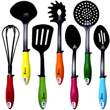 Kitchen Utensils Cooking Set by Chefcoo8482 Includes 7 Pieces Non-stick Cookware Gadgets - Soup Ladle Skimmer Slotted Spoon Slotted Turner Spoon Pasta Fork and Whisk