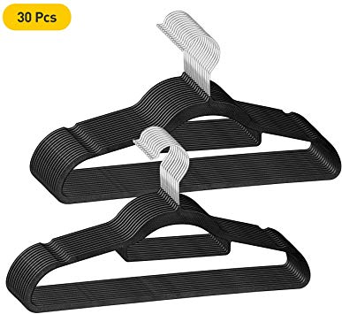 IEOKE Plastic Hangers for Clothes - 30 Pack Lightweight Space Saving Black Clothes Hangers, Heavy Duty Hangers with Notches on Shoulders for Skirts Suits Coats Scarves and Camisole