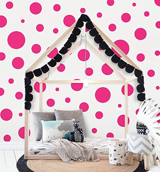 Create-A-Mural Polka Dot Wall Stickers, Wall Decor Stickers, Wall Dots, Vinyl Circle Room Dot Decals (Hot Pink)
