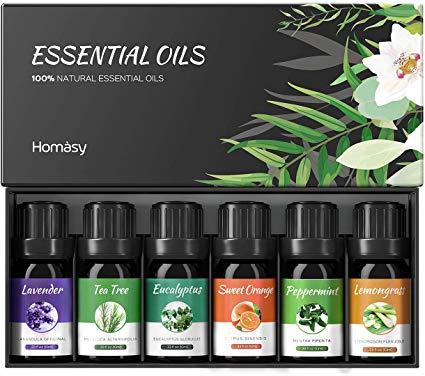 VicTsing Homasy Natural Essential Oils, Top 6 Essential Oils Set, Aromatherapy Oils for Diffuser Humidifier Massage, 6 Bottles, 10ML (Lavender, Eucalyptus, Lemon grass, Orange, Peppermint, Tea Tree)