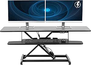 VIVO 47 inch Electric Motor Desk Converter, Height Adjustable Riser, Sit to Stand Dual Monitor and Laptop Workstation with Wide Keyboard Tray, Black, DESK-VE48B