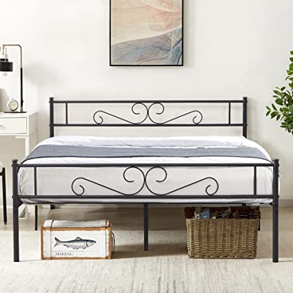 VECELO Full Size Bed Frame with Headboard and Footboard, Strong Metal Slat Support & 12'' Underbed Storage Space, No Box Spring Needed, Black