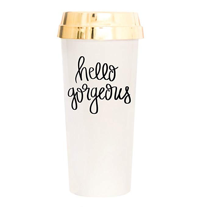 Hello Gorgeous Travel Mug | Reusable Multi-Functional Cup with Lid Gold Cute Accessories for Women Inspirational Tumbler Good Morning Beautiful Cute Motivational Gifts 16 Ounces Hand Lettered