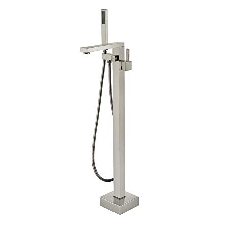 Wowkk Freestanding Bathtub Faucet Tub Filler Brushed Nickel Floor Mount Bathroom Faucets Brass Single Handle with Hand Shower